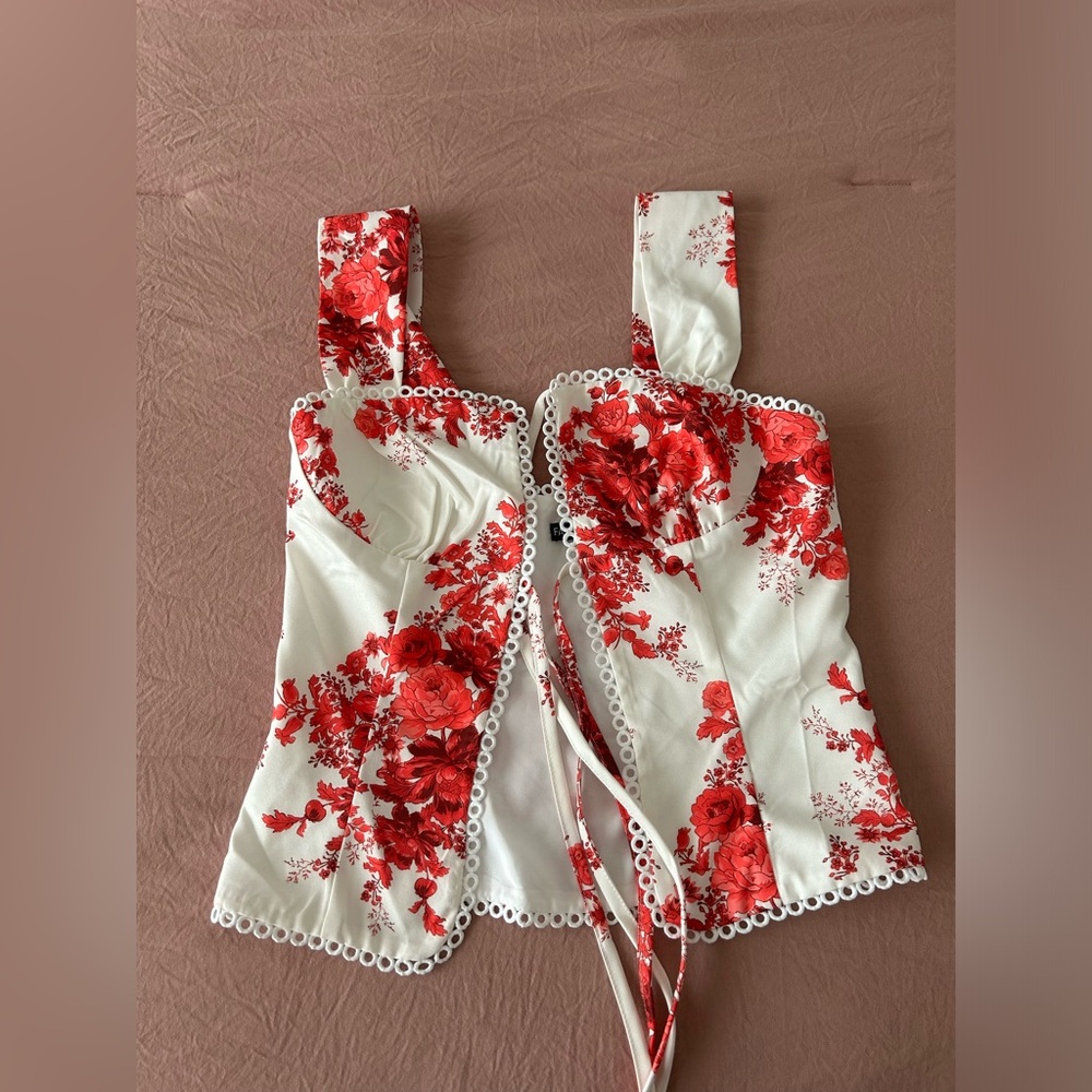 Red and white floral cut out tie front top